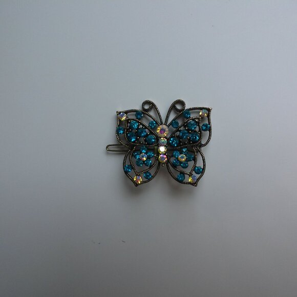 Butterfly Hair Clip, Gold color, blue rhinestone, shiny crystals - Picture 4 of 8